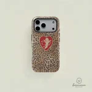 SOPHIE Leopard Print Heart Tough Shockproof Protective 2-Piece Hard Phone Case, Military Grade Drop Protection, Stylish Leopard Heart Design Cover for iPhone 11 12 13 14 15 16 17 Pro Pro Max Plus