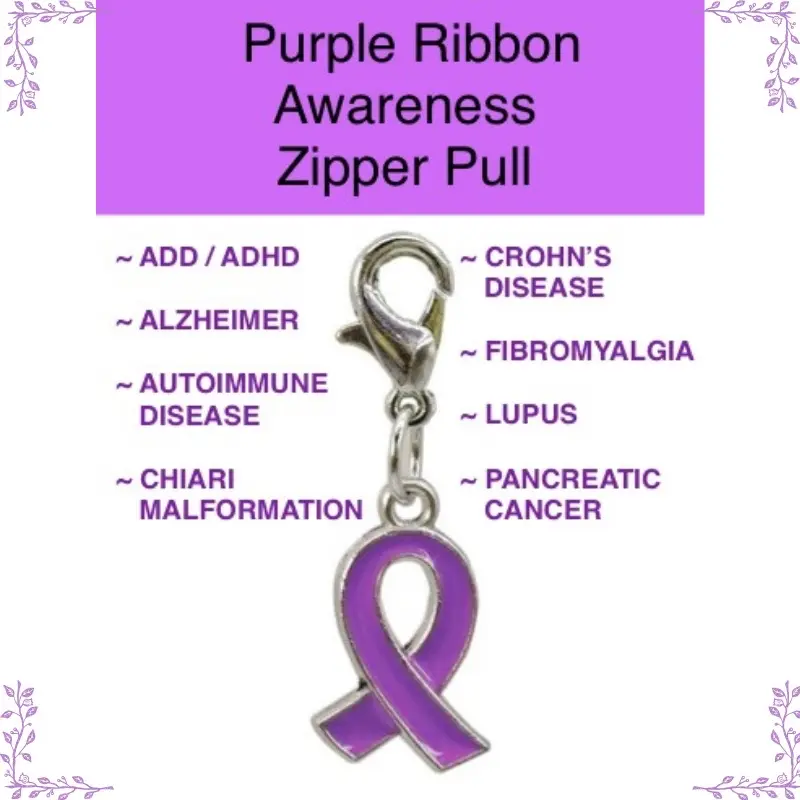 Purple Ribbon Awareness Charm. Zipper Pull / Keychain/ Bag/ Purse Charm.  ADD, Alzheimer, Chiari, Crohn’s, Fibromyalgia, Lupus & Pancreatic.