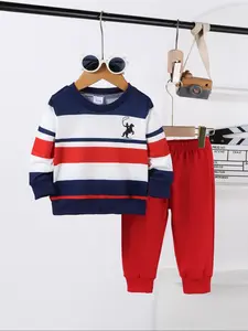 Babyboy Striped Round Neck Long Sleeve Top, Cute Horse Pattern Sweatshirt, Casual Skinny Pants Set, Perfect for Outdoor Play, Striped Sets