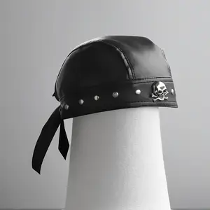 Gothic Punk Pirate Studded Faux Leather Turban Hat, Stretch-Fit Skull Headband - Halloween Cosplay LARP Essential, Cyberpunk Biker Streetwear Accessory, Black Moon Jacquard Knit Beanie for Men, Masks Set