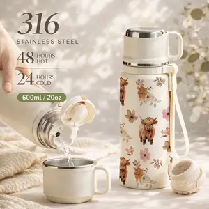 600ml Highland Cow Floral Insulated Water Bottle, 316 Stainless Steel Thermos with Handle & Strap, 48H Hot 24H Cold Leakproof Flask for Coffee Tea, Reusable Travel Tumbler for Outdoor Camping Hiking, Cute Aesthetic Gift for Women Girls