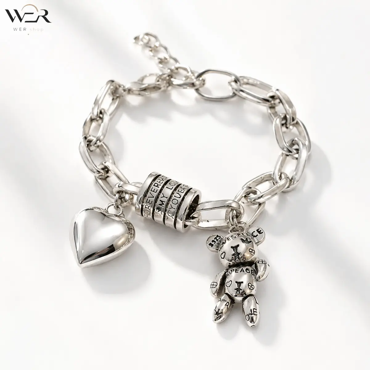 Silver Teddy Bear Charm Bracelet | Heart Charm Bracelet for Women | Engraved Love Bracelet | Cute Bear Pendant Silver Chain | Trendy Charm Jewelry Gift