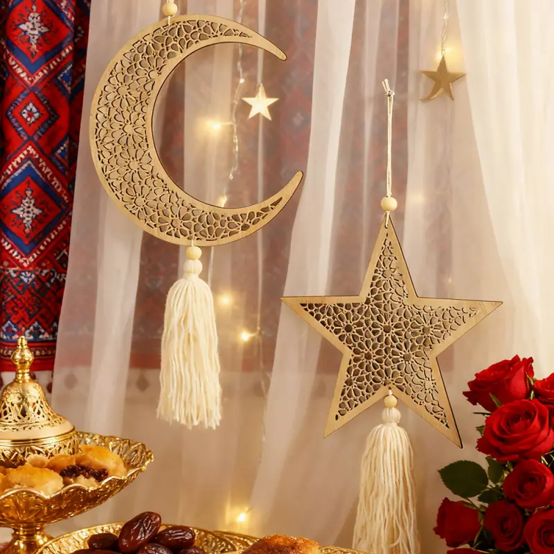 New Star and Moon Hollow Tassel Wooden Craft Hanging Decoration Simple Home Bedroom Wall Decor