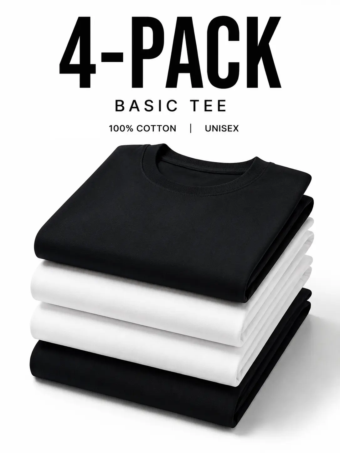 Unisex 4-Pack Comfortable Cotton Crew Neck T-Shirts, Black White Assorted Multi-Colors, Regular Fit 5XL Plus Size, Men Women Comfy Soft Casual Streetwear Tee Tops, Basic Breathable Clothes, easy care, everyday tshirt