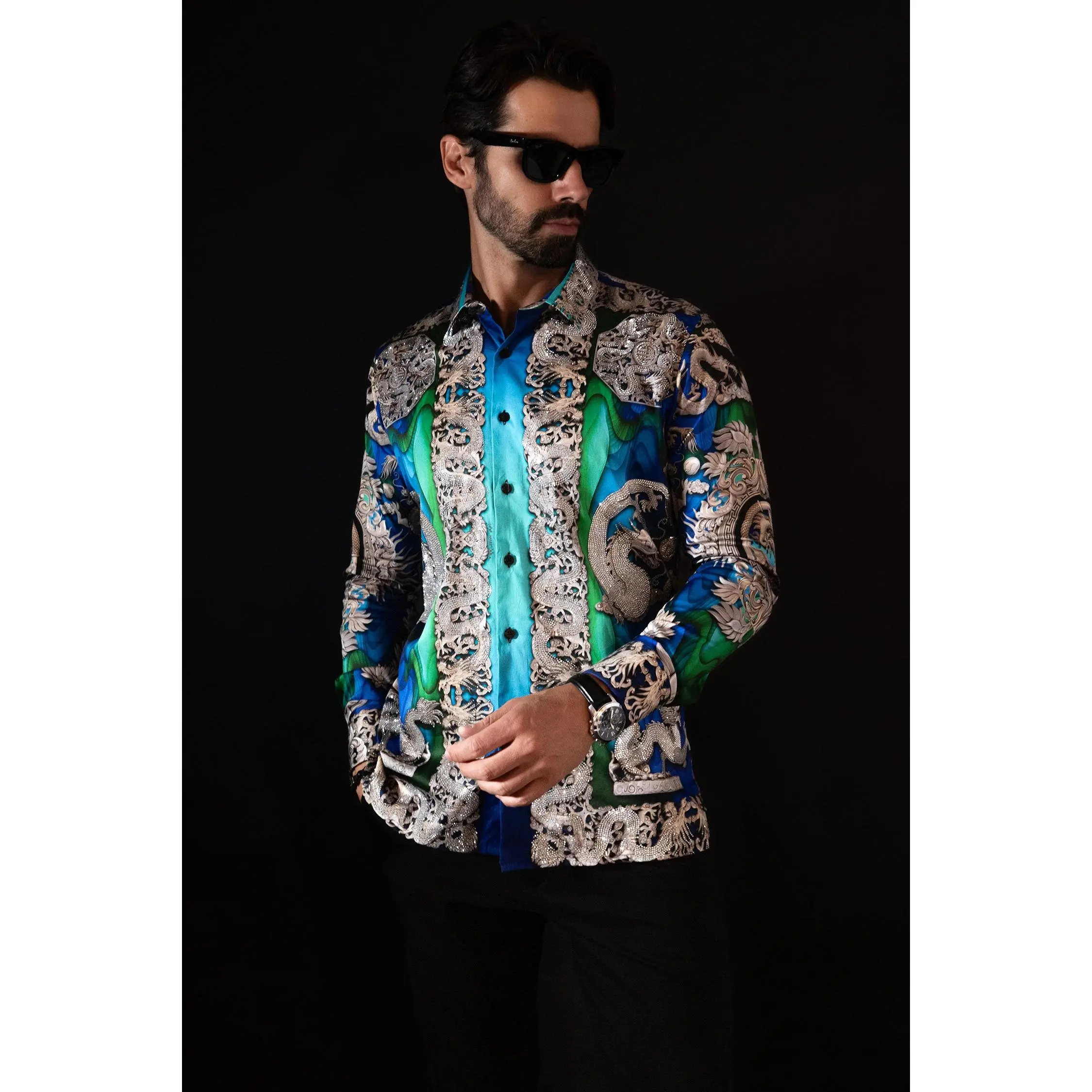 Barabas West Dragon Floral Print Long Sleeve Cotton Blend Slim Fit Shirt