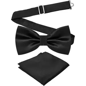 Adjustable Bowtie and Pocket Square Men Bowtie and Handkerchief Solid Color Double Fold Pre-Tied Bow Tie for Wedding Party