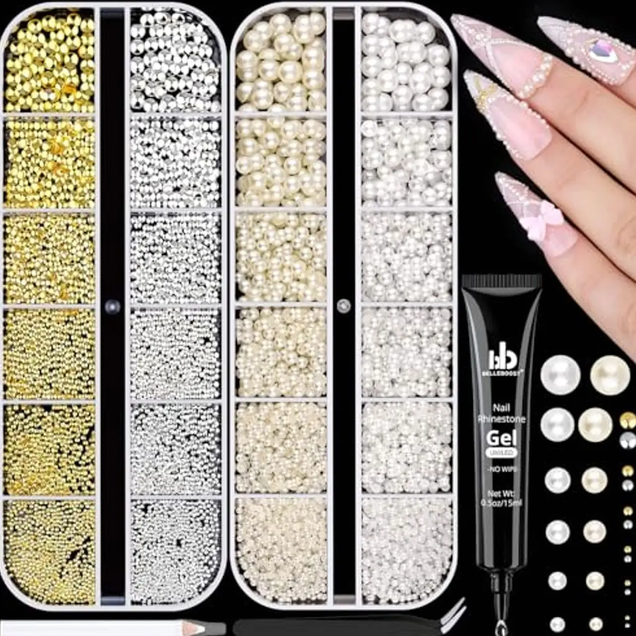 Metal Beads and Flatback Pearl with Tweezers, Pick-up Pencil and Glue