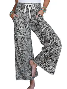 Women's Leopard Print High Waisted Wide Leg Cargo Pants - Drawstring Casual Palazzo Lounge Trousers with Pockets Khaki