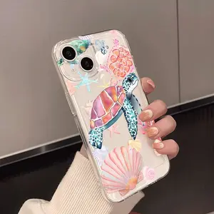 Transparent Space Shell Phone Case for iPhone 16/15/14/13/12/11 Pro Max, Sea Turtle Shell Starfish Pattern, Durable Protective Cover