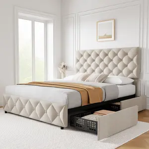 Platform Bed Frame with 4 Storage Drawers – Adjustable Headboard – Diamond Tufted Linen or Faux Leather Upholstery – No Box Spring Needed