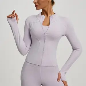 Women's Sports Top with High Neck Slimming Effect Elastic Ideal for Yoga, Running, and Outdoor Sports with Long Slim Sleeves and Integrated Thumb Holes short jacket