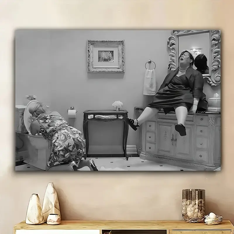 PUDRAW Art Decor Style Canvas Print, Humorous Elderly Woman Bathroom Scene, Wooden Frame Oil Painting, Modern Retro Wall Decoration, Suitable for Home Office, Living Room, Bedroom - Indoor Poster, Humorous Bathroom Wall Art