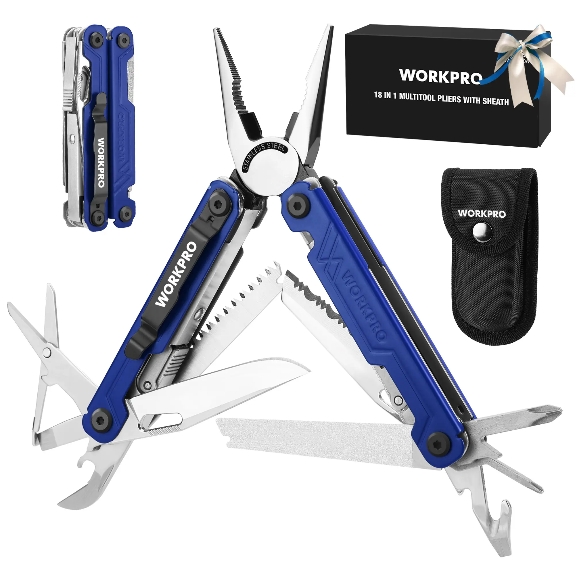 #toolupgrade WORKPRO Multitool with Pocket Knife, Birthday Gift for Men Dad Father Husband, 18-in-1 Stainless Steel Pliers, EDC Multi Tool with Belt Clip, 2 Safety Locks, and Oxford Pouch, Utility Tool for Camping