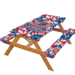 CLRUERSN Patriotic Stretchy Windproof Waterproof Picnic Table & Bench Cover, 72x30 Inch Rectangle, Vintage Tie Dye US Flag/Parchment Declaration 250th Anniversary Eagle Decor for 4th of July Patio Parties