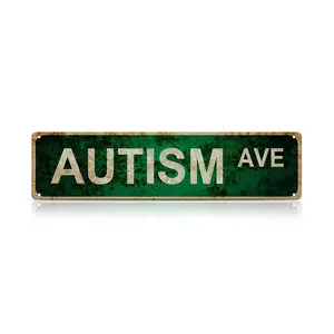 Vintage 'Autism Ave' Metal Tin Sign (4" x 16") – Distressed Green and White Wall Decor for Home, Bar, Cafe, Garage – Rustic Country Street Sign, Durable Metal Plaque for Indoor & Outdoor Use