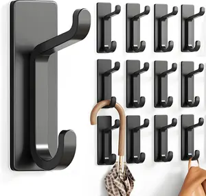 12 Pack Wall Hooks for Coat and Towel: 13LB Adhesive Door Hanger Stick on, Black