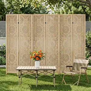 Bohemian Style Portable Room Divider, Hollow Out Floral Engraving,Foldable Privacy Screen, 8ft Tall Wooden Partition Wall, 4/6 Panel Freestanding Room Separator Screen, Ideal For Living Room Bedroom Decor