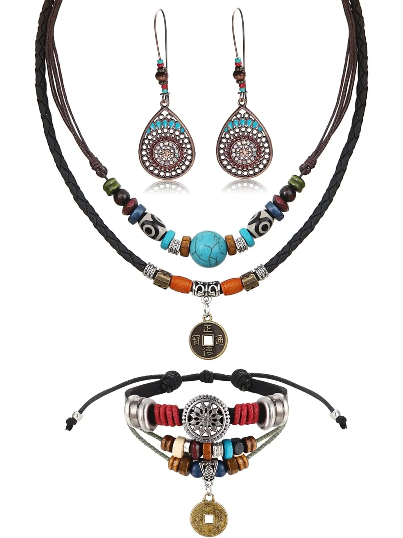 Boho Jewelry Set Women's Leather Ribbon Chain Leather Necklace Indian Jewelry Bohemian Long Vintage Hippie Necklace Chain Beaded Earrings Beads Jewelry Set Jewellery The Leather Necklace For Women Necklaces Earrings Set