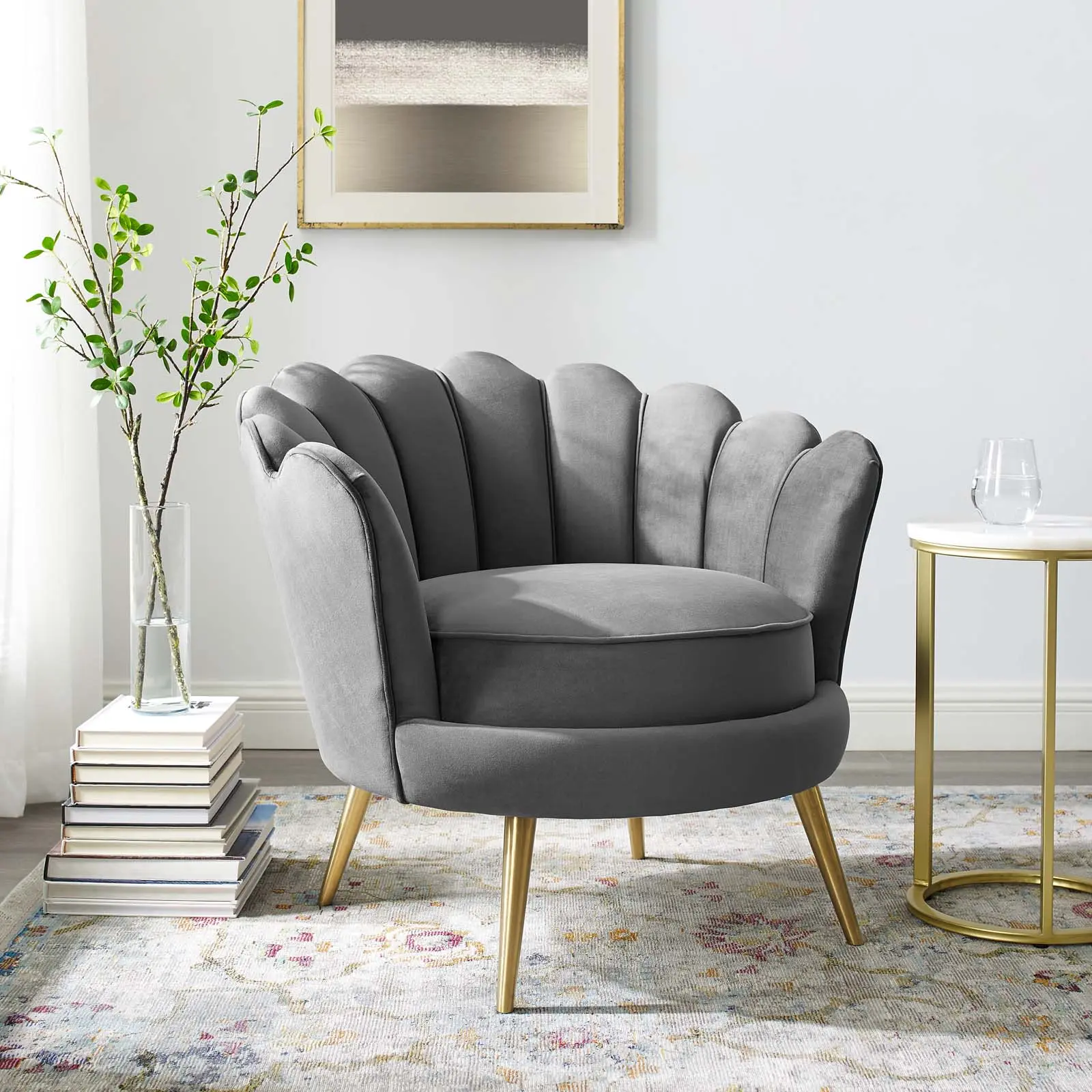 Modway Admire Scalloped Edge Performance Velvet Accent Armchair in Gray