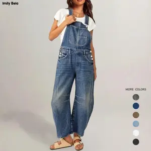 Imily Bela Womens Denim Bib Overalls Barrel Leg Adjustable Strap Jean Pants Jumpsuits with Pockets