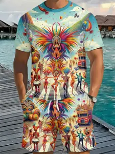 This is a short-sleeved shirt and shorts set themed around the Brazilian Carnival, brimming with South American tropical style and festive atmosphere. It's a trendy short-sleeved shirt and shorts set, perfect for a vacation look.