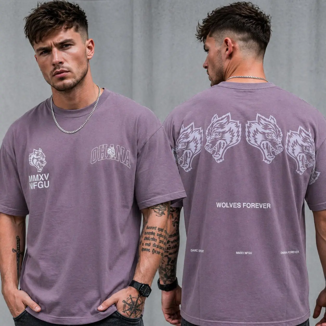 OHANA Wolves Forever Oversized Graphic Tee, Vintage Wolf Streetwear TShirt for Men & Women, Everyday Workout Topge Wolf Streetwear TShirt