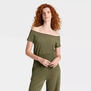 Women's Short Sleeve Off the Shoulder Suede Top - Universal Thread Olive Green S