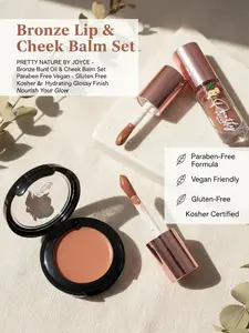PRETTY NATURE BY JOYCE Bronze 2-Piece Combination Makeup Sets - Paraben-Free Vegan EU-Compliant Gluten-Free Kosher Youth-Focused Nourishing Hydrating Lip Oil (Lip Care) & Glossy Finish Cheek Balm for All Skin Types