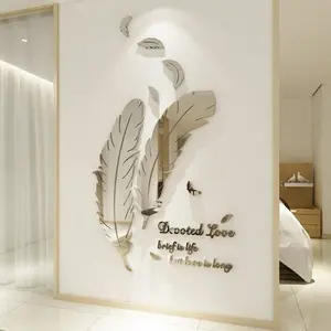 Feather Acrylic Mirror Wall Stickers, 3D Self-Adhesive DIY Feather Mirror Wall Decals, Modern Minimalist Nordic Style Shatterproof Wall Art Decor with Love Quote for Living Room Bedroom Entryway, Make Room Look Bigger, Easy Install