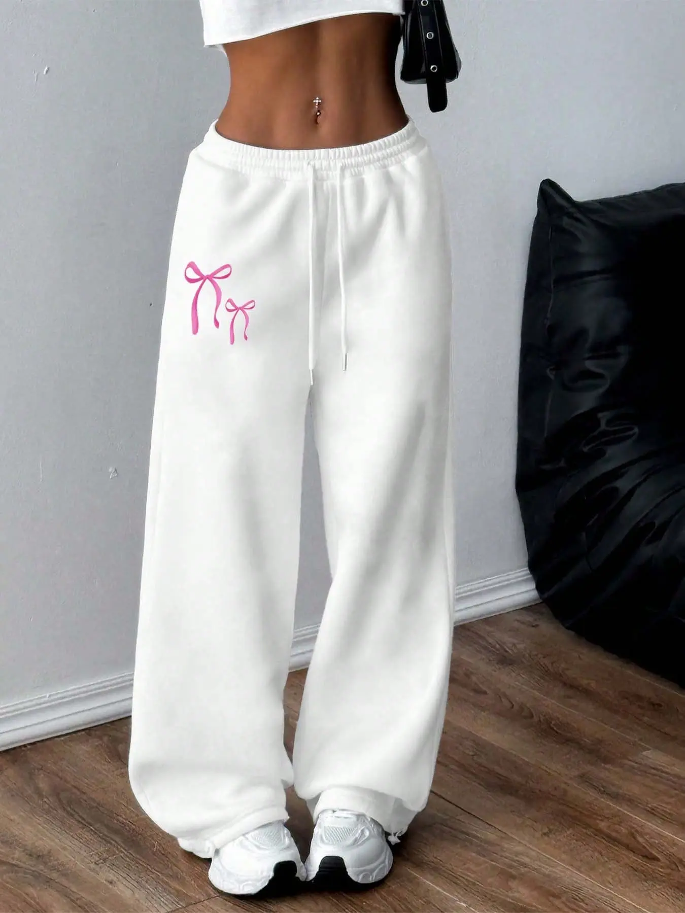 Women's Casual Loose-Fit Bowknot Long Pants, Bow Print, Daily Fashion, Versatile Home & Outdoor Wear, All Seasons Comfortable Fit