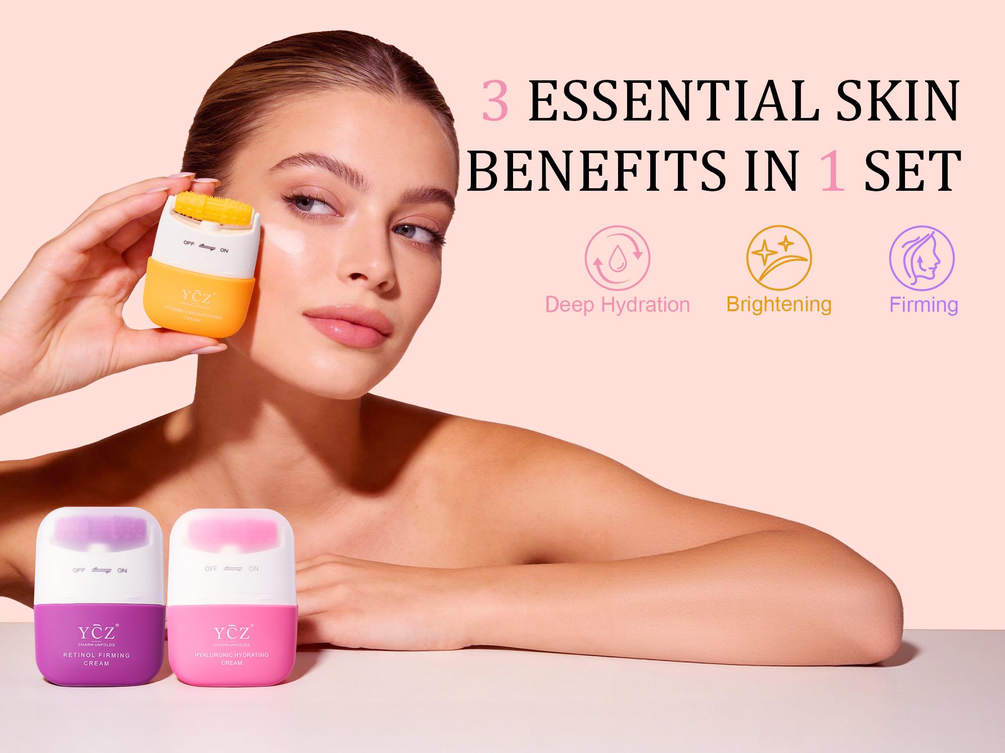 YCZ Essential Facial Care Trio – Retinol, Hyaluronic Acid & Vitamin C Cream Set with Built-In Massager for Face & Neck Firming, Brightening & Hydrating YCZ Essential Facial Care Trio – Retinol, Hyaluronic Acid & Vitamin C Cream Set with Built-In Massager for Face & Neck Firming, Brightening & Hydrating