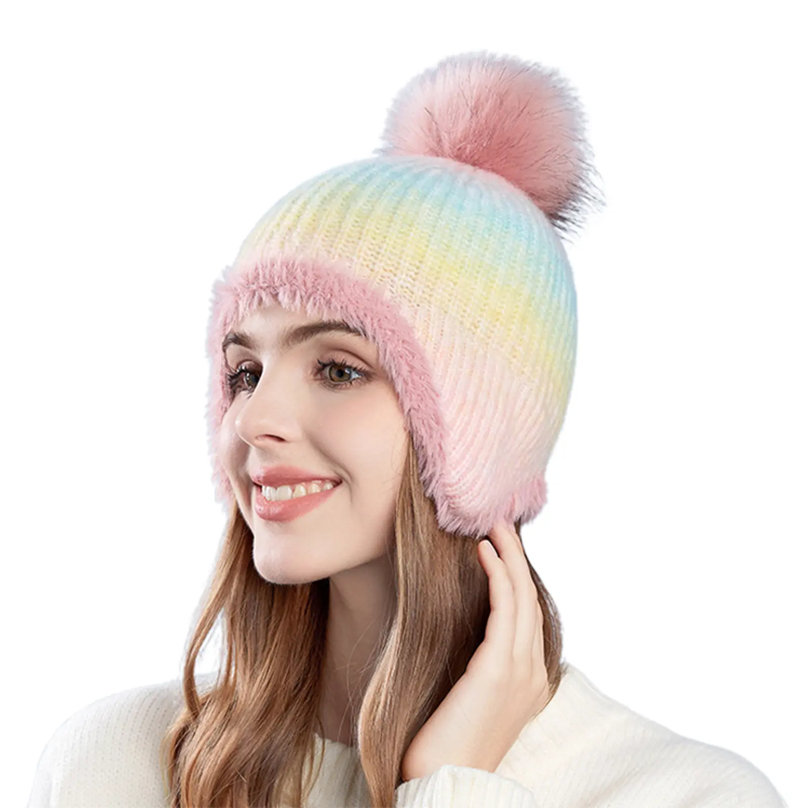 Women's Gradient Trapper Beanie, Warm Fleece-Lined Acrylic Knit Skull Cap with Ear Flaps & Pom-Pom, Cold Weather Wear (Hat Circumference: 53-58cm), Gradient Skull, Great Present, Cold Weather Accessories, Hat Circumference: 53Cm-58Cm, Hat Depth: 18Cm