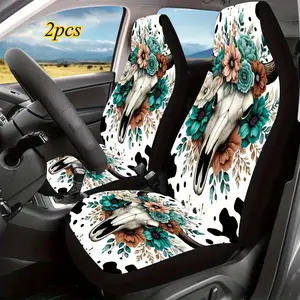 2 White Skull Cow Print Car Seat Covers - Suitable for Cars, SUVs, and Sedans, Durable Canvas, Stylish Floral Design, Perfect Gift for Family and Friends, Vehicle Interior Upgrade, Unique Car Accessories, Car Seat Decorative