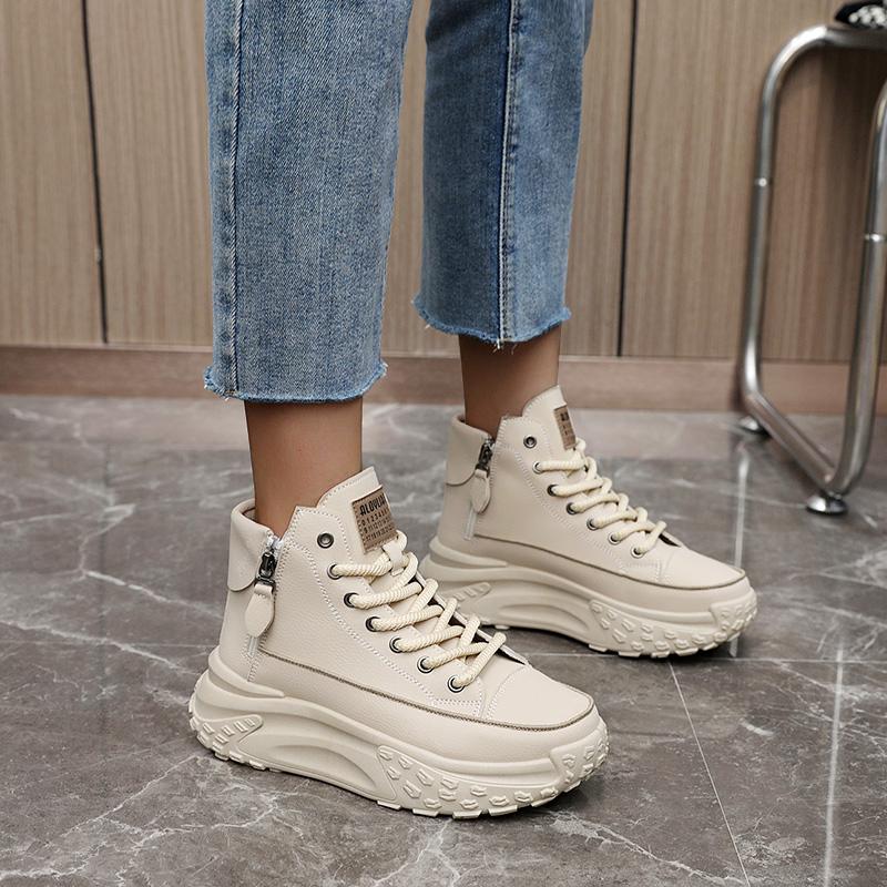 Women's height increasing high top Athletic - thick soled lace up sneakers, EVA/rubber sole, round toe and minimalist design | Four season casual street shoes with arch support | Solid color design, thick and comfortable and stable height increase