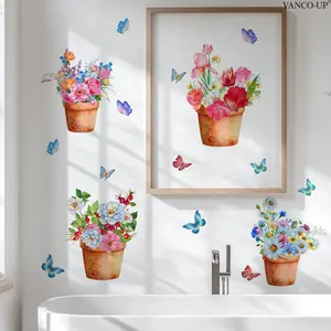A set (30*40cm*4pcs) of colorful flower potted plant butterfly 2D flat wall stickers for home decoration and beautification, Floral Pattern Sticker, M20373