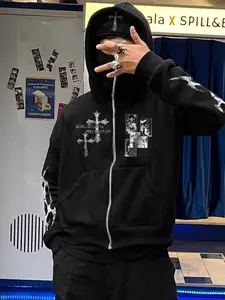Men's Gothic Oversized Full Zip Hoodie with Mask - Black Streetwear Sweatshirt with Cross & "Rebellion" Graphic
