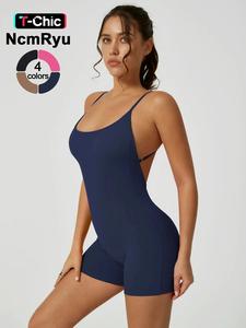 women's criss cross backless sports tummy control romper, high stretch spaghetti strap bodycon romper for yoga gym workout running, ladies summer sportswear, clothing, stretchable activewear, stylish activewear, sporty comfy jumpsuit