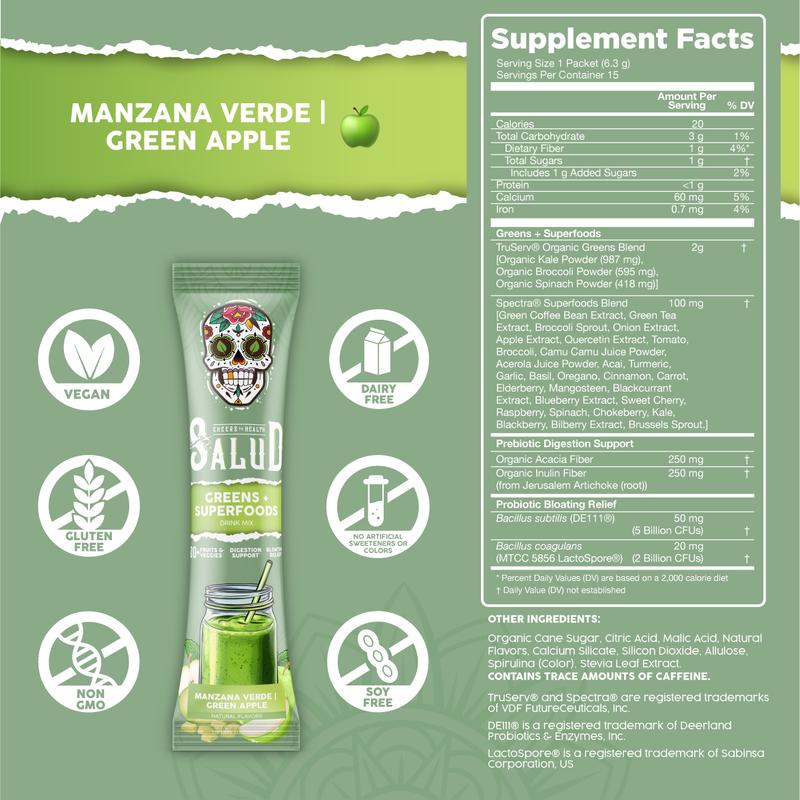 Salud 2-in-1 Greens Powder + Superfood Drink Mix Packets, 20+ Fruits and Veggies, Probiotics, Prebiotics, Supports Digestive Health, Bloating Relief, Vegan, Green Apple (15 Servings)