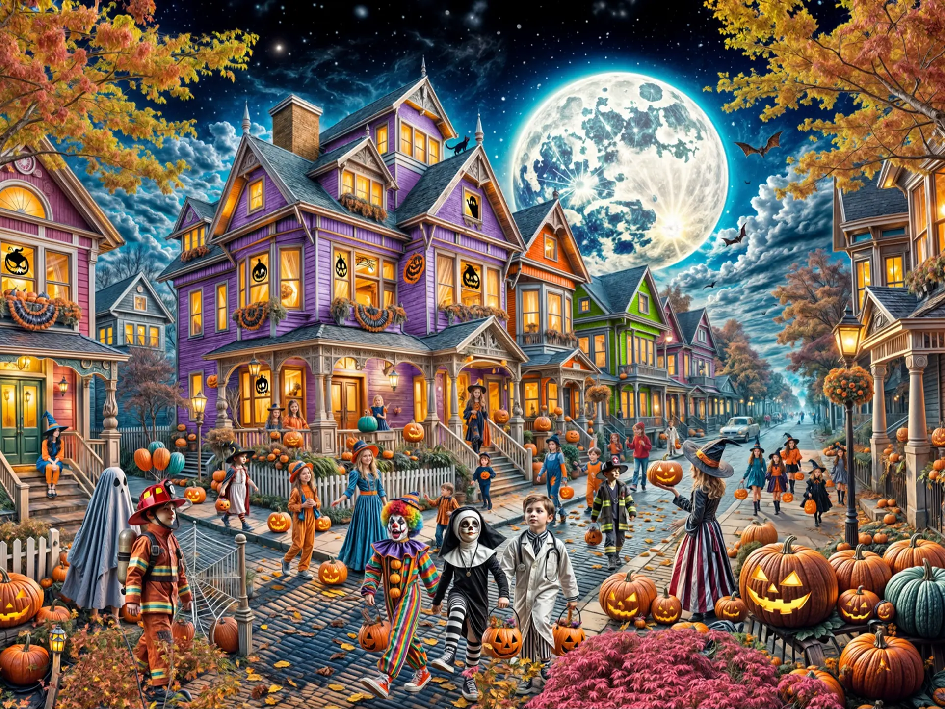 Halloween Moonlight Jigsaw Puzzle 1000 Pieces - Spooky Fun Under the Full Moon - Pumpkins costumes haunted house - Perfect for Halloween Festivities