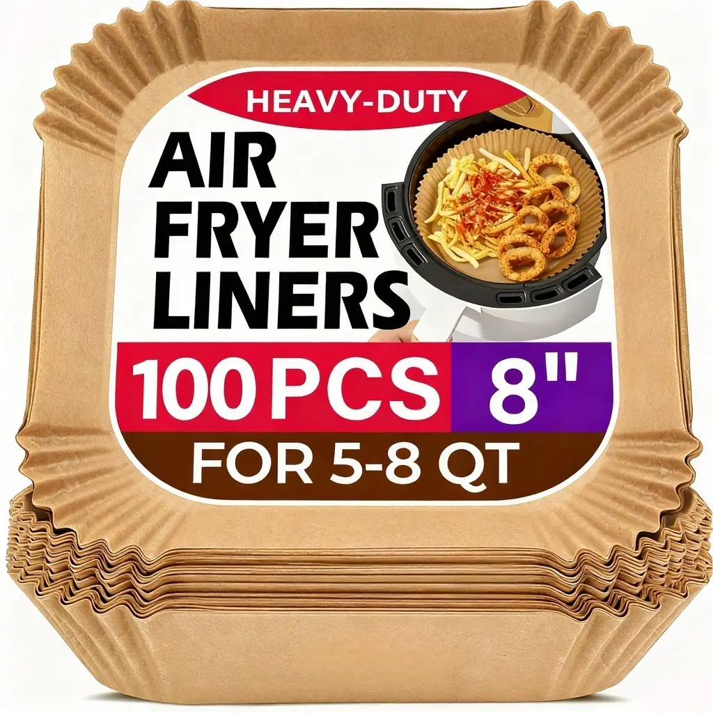 Unbleached Air Fryer Parchment Paper Sheets - 8/6.3 in Perforated Nonstick Wood Pulp Liners, Kitchen Home Cooking Cover for Basket, Baking Supplies for Meats, Chips, Disposable Bakeware Utensils, Heat Resistant
