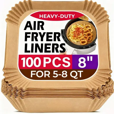 Unbleached Square Air Fryer Parchment Paper Sheets - 1.8" Edge Cover, Oil-Proof Nonstick Durable Wood Pulp Liners, Fits 6.3" & 8" (6.3 inch) Baskets, Heat-Resistant for Baking Supplies, Easy Cleanup, Camping Enthusiasts
