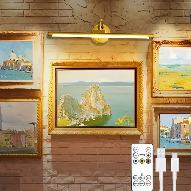 1pc Adjustable Dimmable Picture Light with Remote Control and Timer, 12.59 inch Gold-Plated Metal Rechargeable LED Photo Light, Decorative Light, Ambient Decoration Lamp, Living Room and Bedroom Decoration Lights, Home Decoration Lamp, Indoor Light