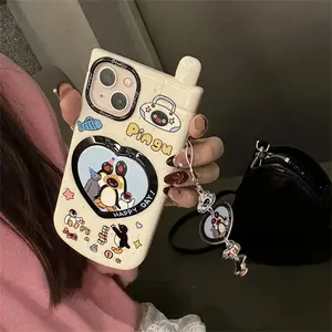 Korean Cute Cartoon Penguin Pendant 3D Love Heart Mirror Case For iPhone 16 Pro 15 14 13 12 Pro Max 11 Stylish Soft Cover Shell
