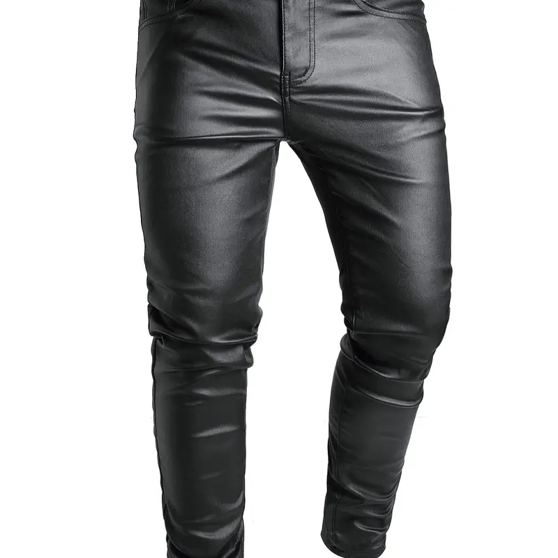 Men's Solid Color PU Leather Pants, Street Fashion Comfy Pocket Trousers for Daily Wear, Men's Tight-Fitting Bottoms for All Seasons, Casual Skinny Pants, Streetwear, Casual Fashion Fitted
