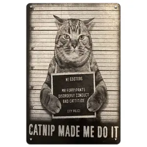 "Catnip Made Me Do It" Tin Sign | Funny Retro Cat Mugshot Wall Décor, 8x12 Inch Black-and-White Vintage Metal Sign for Cat Lovers, Home, Bar, Café & Man Cave – Palette & Wall