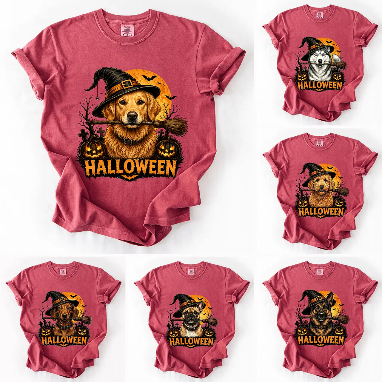Comfort Colors 50+ Dog Breeds Halloween Dog Shirt,  Dog Breeds Available Witch Hat Pumpkin Tee, Golden Retriever Husky Frenchie Dachshund German Shepherd Graphic Shirt, Spooky Dog Mom Dog Lover Gift, Halloween Shirt, Gift for Dog Lovers