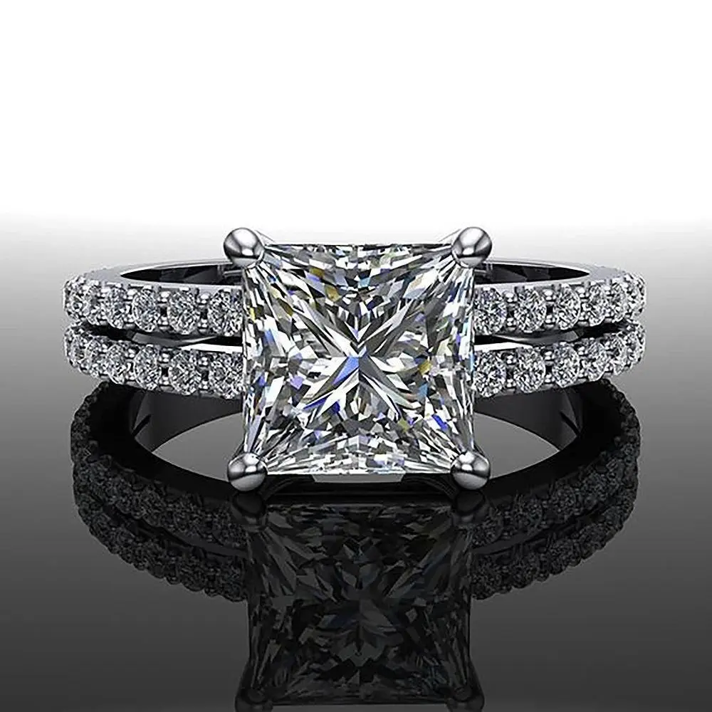 4.6cttw Princess Cut Hidden Halo Rings for Women 925 Sterling Silver Square Diamond Engagement Ring Wedding Band