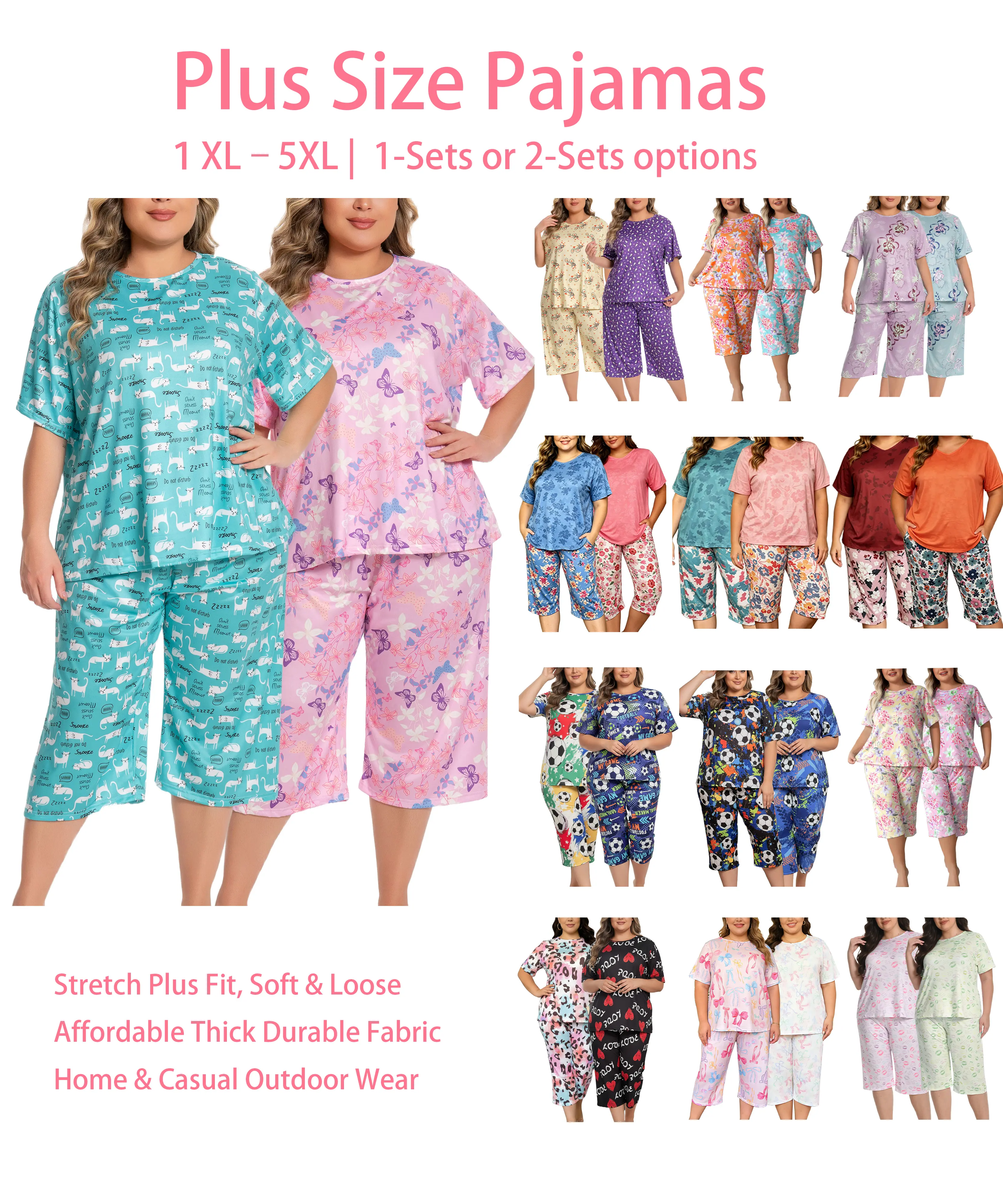 Plus Size 1XL-5XL Women's Pajama Set, Free to Choose 1 or 2 Sets(See Pictures), Short-Sleeve Top & Capri Pants Loungewear Soft Breathable Fabric