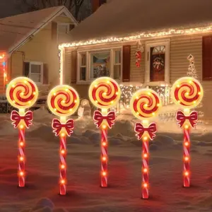 LAMPHOME Christmas Lollipop Pathway Lights 5PCS Outdoor Yard Decorations 16 Inch Stake Lights with 16 Vivid Effects for Patio Ground Path Sidewalk Walkway Driveway