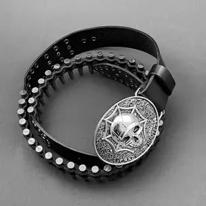 Men Bullet Cow Leather Belt Waistband With Skull Buckle For Biker Punk Gift